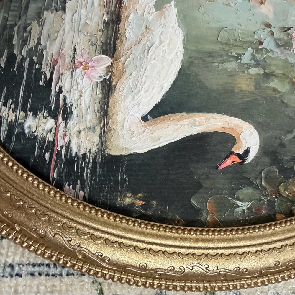 11x14 “lake Swan” Framed Oval glold glittery frame White Swan with Pink Flowers - Picture 9 of 12